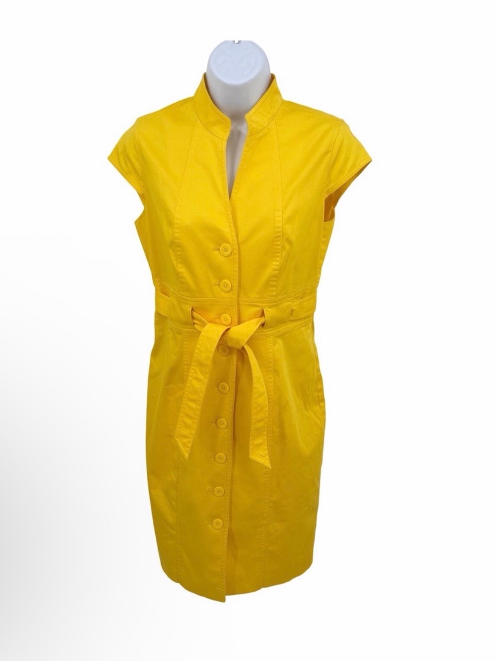 Calvin Klein Mandarin Collar Button Belted Cap Sleeve Canary Yellow Dress
